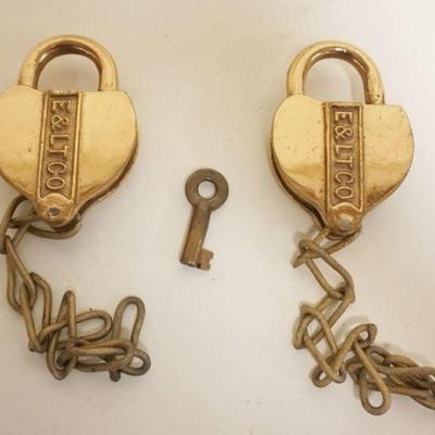 1052	PAIR OF BRASS RAILROAD LOCKS, MARKED E & LT CO., WITH KEY
