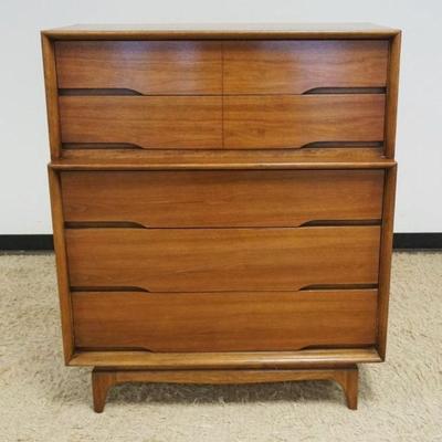 1121	MID CENTURY MODERN KENT COFFEY *FORUM* WALNUT/PECAN 5 DRAWER HIGH CHEST, APPROXIMATELY 40 IN X 21 IN X 48 IN H
