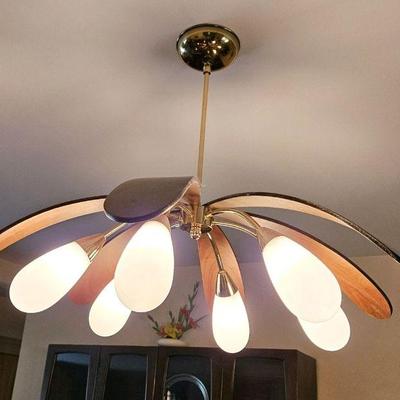 1117	UNUSUAL MID CENTURY MODERN HANGING LIGHT FIXTURE, WITH 6 WALNUT & BENTWOOD PEDALS AND 6 FROSTED GLASS TEAR DROP SHAPED SHADES,...