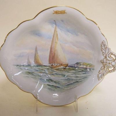 1029	ROYAL CROWN DERBY HAND PAINTED ARTIST SIGNED YAHT/NAUTICAL PLATE ANNOTATED ON BACK 12 METRE CLASS, APPROXIMATELY 11 IN X 9 1/2 IN X...