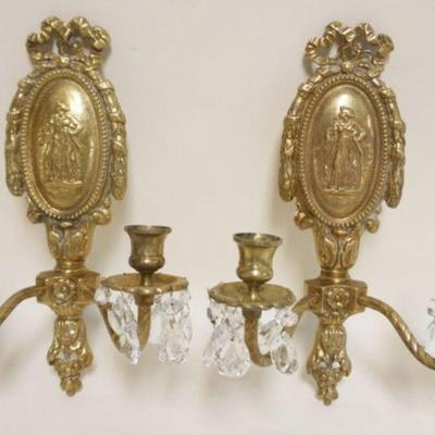 1051	PAIR OF HEAVY CAST BRASS CANDLE WALL SCONCES WITH PRISMS, EACH APPROXIMATELY 14 IN H
