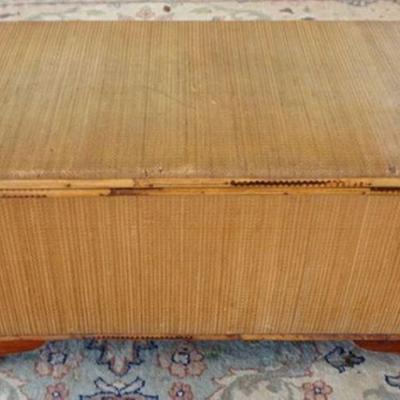 1176	WOOD RATTAN COVERED CHEST, APPROXIMATELY 28 IN X 15 IN X 14 INH, LOSS TO RATTAN
