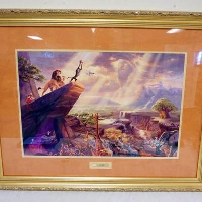 1079	THOAS KINKADE *THE LION KING*, SIGNED AND NUMBERED 173/295 FRAMED AND MATTED PRINT, APPROXIMATELY 31 IN X 40 IN OVERALL
