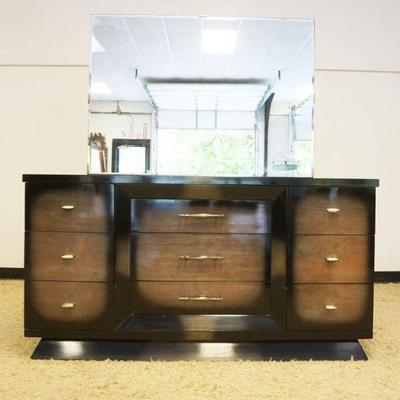 1136	AMERICAN OF MARTINSVILLE MODERN STYLE 9 DRAWER LOW CHEST WITH FAUX FINISH WITH MIRROR, APPROXIMATELY 60 IN X 21 IN X 67 IN H
