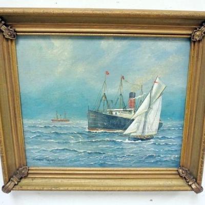 1068	OIL PAINTING ON BOARD, FREDERICK TORDOFF, SAILING SHIPS AND OCEAN LINER, APPROXIMATELY 17 IN X 15 IN OVERALL, CUNARD LINER, R.M.S....