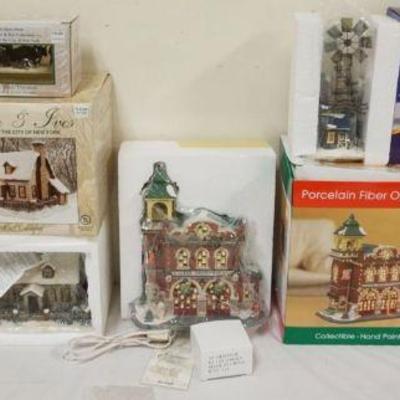 1263	GROUP OF 7 ASSORTED HOLIDAY PORCELAIN BUILDINGS & FIXTURES INCLUDING CURRIER & IVES & HALLOWEEN
