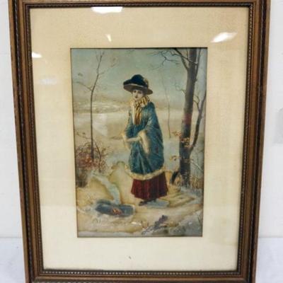 1058	FRAMED WATER COLOR OF WOMAN IN WINTER, PARIS, ARTIST SIGNED, APPROXIMATELY 21 IN X 27 IN OVERALL
