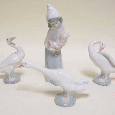 1015	LLADRO PORCELAIN FIGURES, 3 GEESE, TALLEST APPROXIMATELY 5 IN HIGH & GIRL W/ROOSTER, APPROXIMATELY 8 IN HIGH
