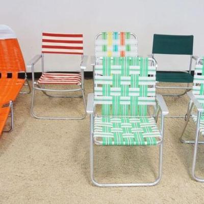1142	GROUP OF ASSORTED VINTAGE LAWN CHAIRS AND LOUNGE, 6 PIECES TOTAL
