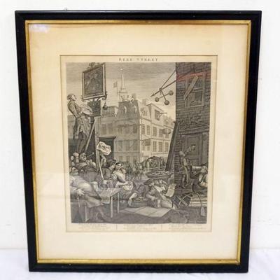 1062	FRAMED ENGRAVING *BEER STREET* HOGARTH ENGRAVING, APPROXIMATELY 20 IN X 23 IN OVERALL

