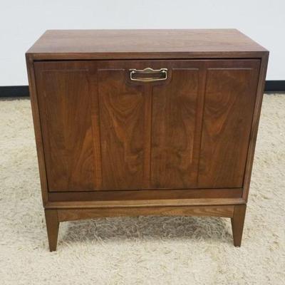 1131	MID CENTURY MODERN LANE WALNUT RECORD ALBUM CABINET WITH DROP FRONT DOOR, STYLE NO. 2606 77, APPROXIMATELY 28 IN X 15 IN X 29 IN H
