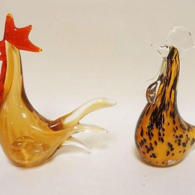 1023	2 MURANO ART GLASS CHICKENS/ROOSTERS, APPROXIMATELY 10 IN HIGH
