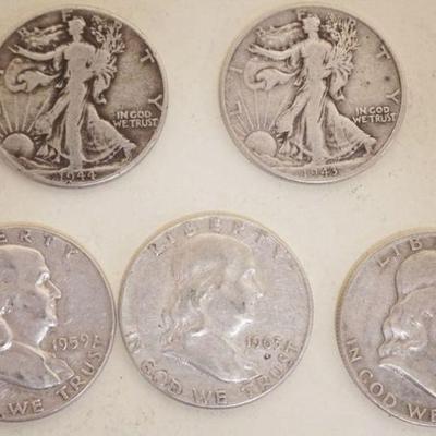 1107	SILVER HALF DOLLARS, 5 FRANKLIN AND WALKING LIBERY
