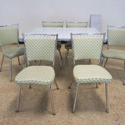 1140	MID CENTURY MODERN FORMICA AND CHROME TABLE WITH 6 CHAIRS AND 1 LEAF, TABLE APPROXIMATELY 48 IN X 36 IN X 30 IN H, LEAF 11 1/2 IN W
