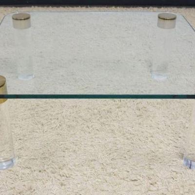 1126	MID CENTURY MODERN GLASS COCKTAIL TABLE WITH LUCITE COLUMN LEGS, APPROXIMATELY 42 IN SQ X 16 IN H
