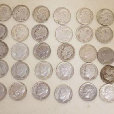 1105	SILVER DIMES, 65 -1964 AND EARLIER, ROOSEVELT AND MERCURY HEAD
