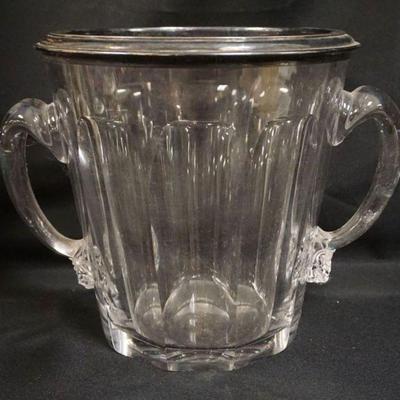 1043	ANTIQUE HEAVY GLASS CHAMPAGNE BUCKET, DOUBLE HANDLED, GOUND & POLISHED BASE, ETCHED MADE IN FRANCE, SILVERPLATE TOP RIM,...