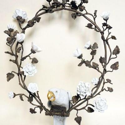 1184	HANGING CERAMIC PARROT ON BRONZE WREATH WITH CERAMIC FLOWERS ON BOTH SIDES, APPROXIMATELY 18 IN X 22 IN H
