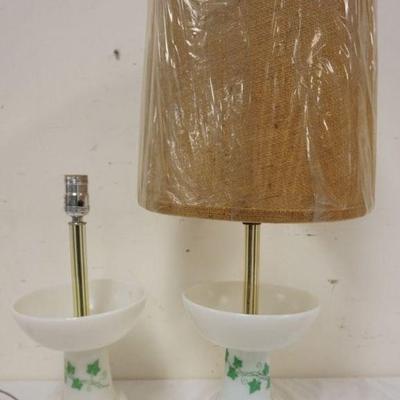 1115	PAIR OF MID CENTURY MODERN MILK GLASS, GREEN IVY TABLE LAMPS, 1 SHADE MISSING

