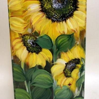 Sale Photo Thumbnail #184: 1185	HAND PAINTED SUNFLOWER SQUARE GLASS VASE, ARTIST SIGNED AND DATED, APPROXIMATELY 7 IN X 5 IN X 16 IN H
