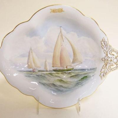 1028	ROYAL CROWN DERBY HAND PAINTED ARTIST SIGNED YACHT/NAUTICAL PLATE ANNOTATED ON BACK J CLASS, APPROXIMATELY 11 IN X 9 1/2 IN X 2 1/2 IN
