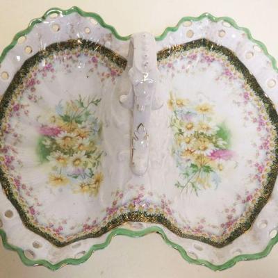 1033	CT GERMAN HAND PAINTED DIVIDED DISH, HAND PAINTED PORCELAIN FLORAL
