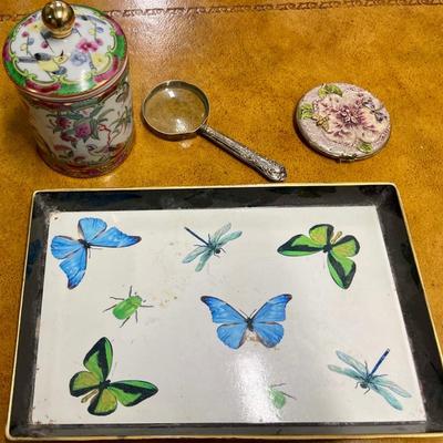 MCM Lacquer Butterfly Tray, Asian Tea Jar, Silver Handled Magnifying Glass, Enamel Floral Compact Mirror