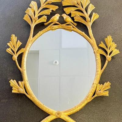 Vintage Chickadees In Pine Boughs 32" X 41" Antique Signed Gold Tone Framed Mirror