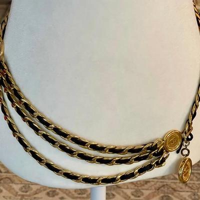 Vintage Chanel 3 Medallion Triple Strand Chain Link Belt With Black Leather 38 Inches Long 