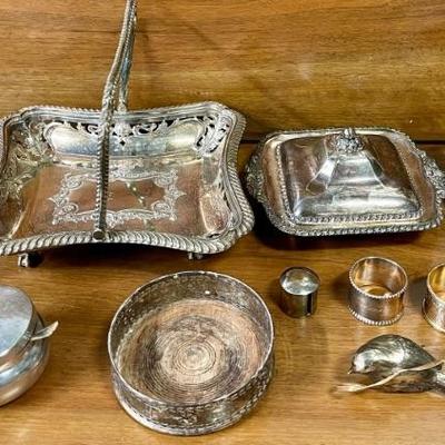 Vintage Silver Plate - Handled Dish, Candle Holders, Napkin Rings, And More - Steiff, Pewter, And More