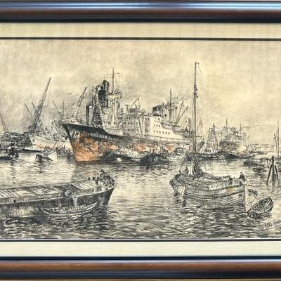 Original Signed Johannes Petrus Molenaar Charcoal Harbor Scene In Custom Frame