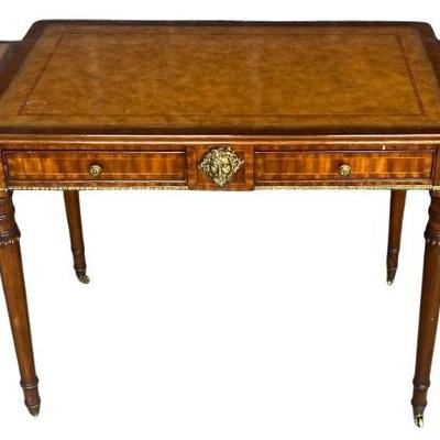 Antique Leather Top Maitland Smith Regency Mahogany Desk With Pull Out Side And Brass Casters
