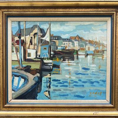 Original Signed Godet 20th Century Oil On Canvas Village Harbor Custome Frame