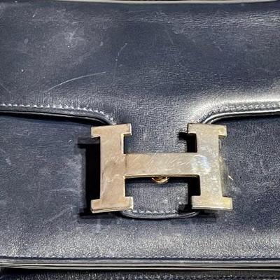 Vintage Navy Leather Gold H Bag With Removable Strap