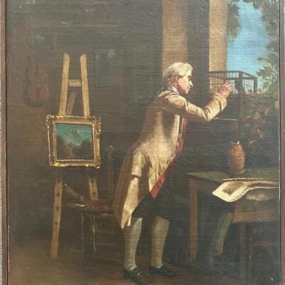 Early 19th Century Oil On Canvas Gentelman In His Library Attending Bird Framed