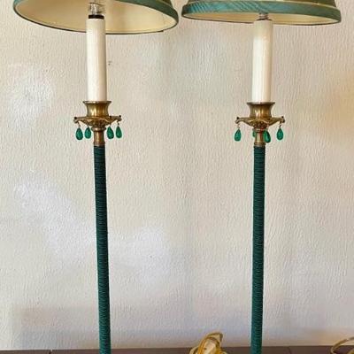 Pair Of 25" Green Seed Bead Metal And Stone Base Side Lamps