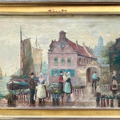 Original 20th Century V. Dahlen Amsterdam Wharf Scene Oil On Canvas In Frame