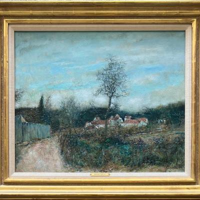 Original Bernard Gatner 1976 Oil On Canvas Cottage Landscape In Custom Frame