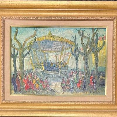 Original E. Bellini " Kiosque A Musique" Singed Oil On Canvas In Custom Frame