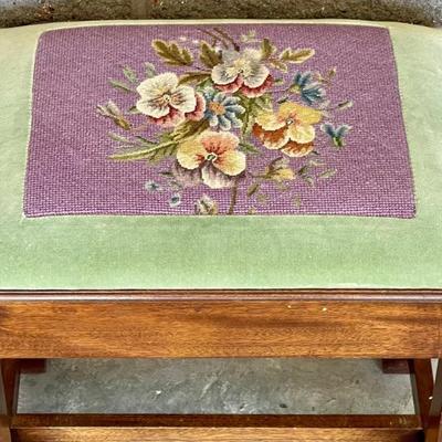 Vintage Bartley Collection Wood Bench With Velvet And Cross Stitch Top