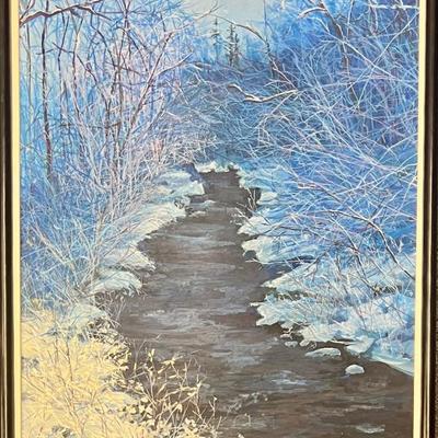 Vintage Original Pastel Winter Creek Landscape In Frame