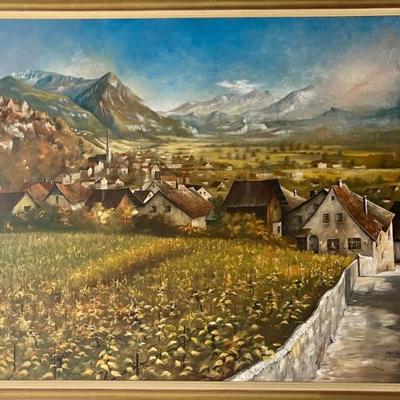 Large Original Signed SK Cypher View Of Valley Hamlet In Lichtenstein 1981 In Custom Frame