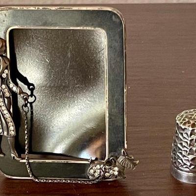 Sterling Silver &  Enamel Picture Frame Female Walking Dog (as Is) Sterling Silver Thimble - Weight 48 Grams 