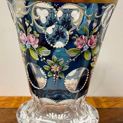 Vintage Bohemian Hand Painted Enamel Vase Cut Glass
