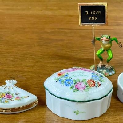 Limoges France Trinket Dish And Dresser Jar, Austria Metal Frog Figurine, Hand Painted Covered Dish