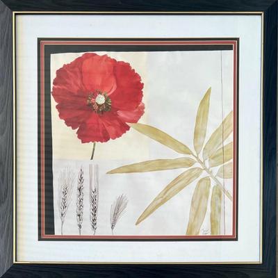 Original Signed Muriel Verger Red Poppy, Wheat, And Vizcaya Ferns In Frame With Glass Front