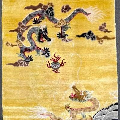 72" X 48" Fine Knotted Silk China Carpet Sky Scene With Dragons Landscape With Rings And Hanger Attached
