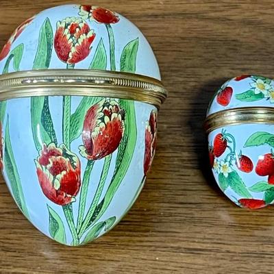 (2) Halcyon Days Enamel Trinket Eggs - Tulips And Strawberry