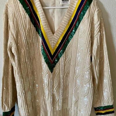 Vintage Bill Blass Sequin And Seed Bead Zip Back Sweater Made In USA Ladies Size M 