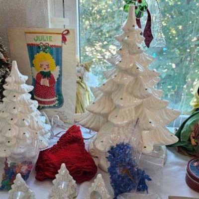 I SPY... 2 Ceramic Christmas Trees! Large(17") has 2 set of inserts- Blue Birds and colored -Smaller(11") Blue 
